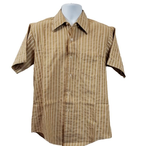 Vintage Tan and White Striped Wide Collar SS Shirt - Picture 1 of 3